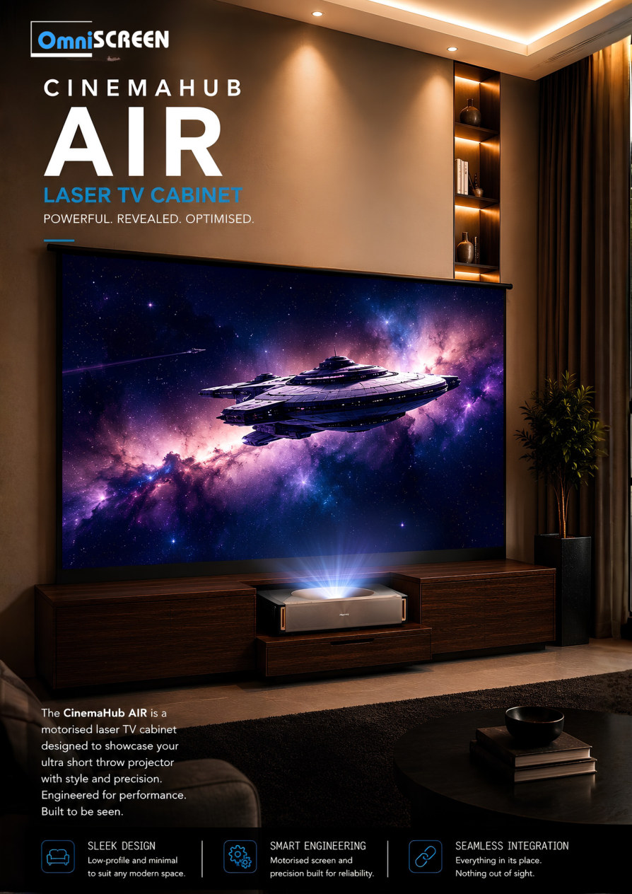CinemaHub Air laser TV cabinet with projector setup
